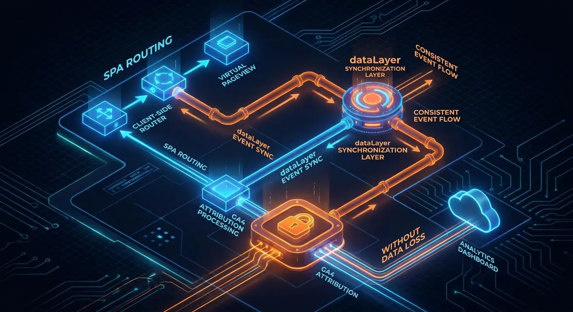 Technical diagram showing SPA dataLayer synchronization and GA4 attribution routing architecture.