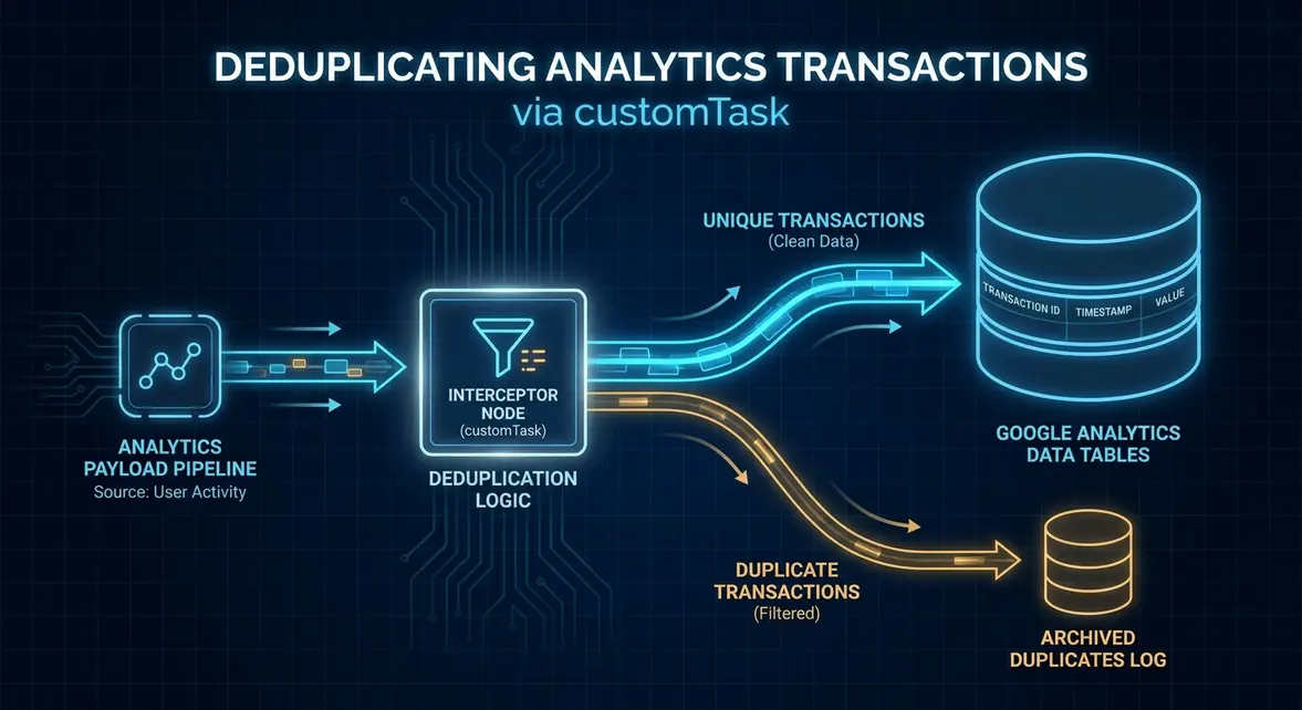 Technical data flow diagram showing customTask intercepting duplicate transactions in GTM.