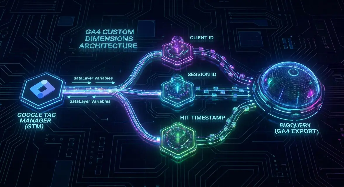 GA4 custom dimensions data flow diagram showing Client ID and Hit Timestamp routing to BigQuery.