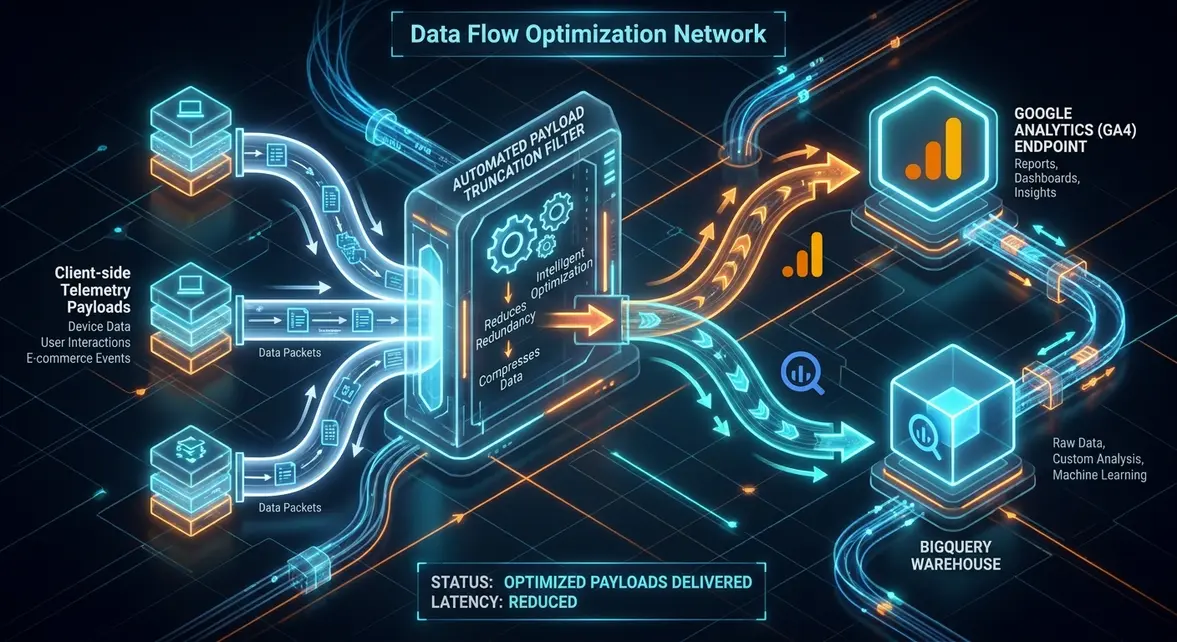 Technical data pipeline diagram showing Google Analytics payload length validation and reduction.