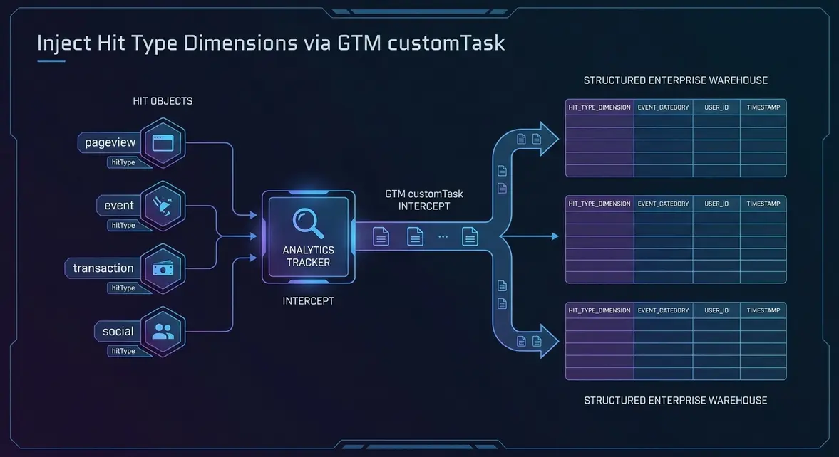 GTM customTask architecture diagram intercepting hitType data for custom dimensions.