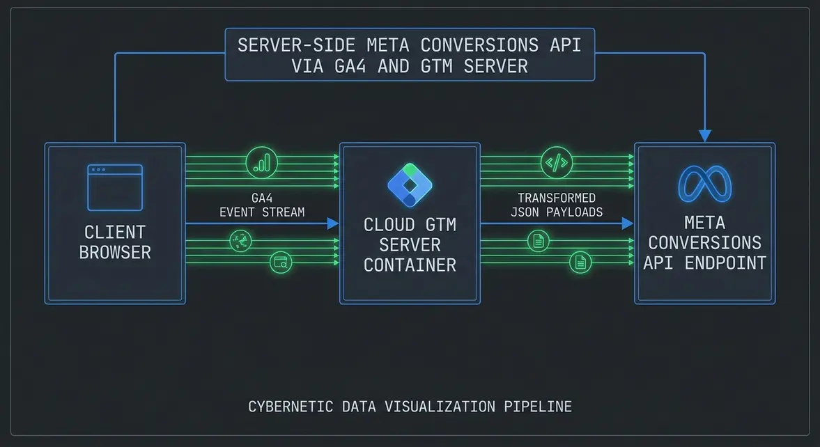 Technical data flow diagram of Meta Conversions API through Server-Side Google Tag Manager.