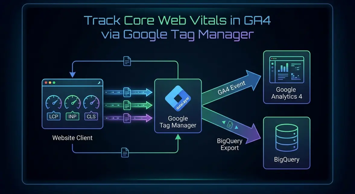 Core Web Vitals real user monitoring architecture tracking LCP, CLS, and INP into GA4 via GTM.